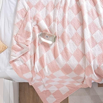 SeaRoomy Fuzzy Checkered Throw Blanket for Couch,Light Pink 51"X63"
