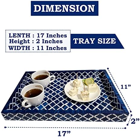 Handmade Blue White Bone Inlay Serving Tray Moroccan Damask