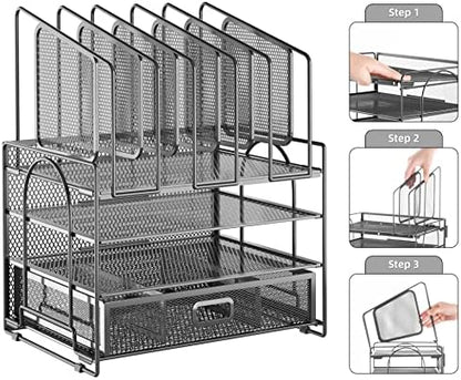 Marbrasse Desk Organizers, 4-Tier Mesh Desk File Organizer with 5