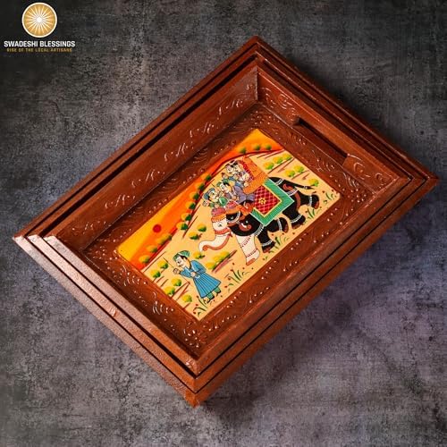 Swadeshi Blessings Hand-Painted Wooden Serving Tray Set of 3, Brown