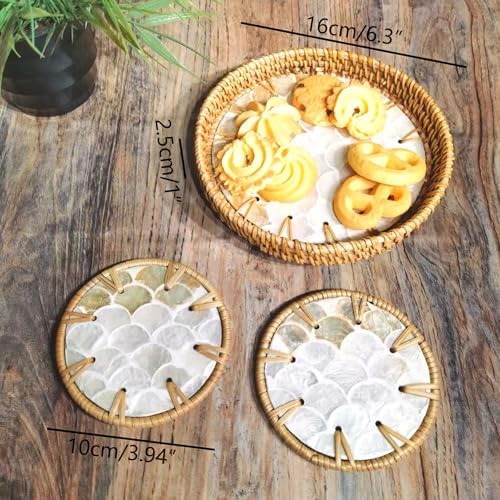 6" Mini Lazy Susan Turntable with 2 Rattan Coasters – Mother of Pearl