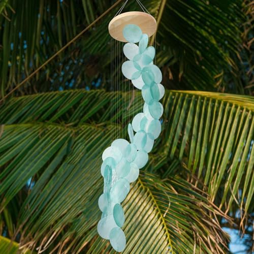Wenqik Sea Glass Shell Wind Chimes for Outside Capiz Spiral, Blue