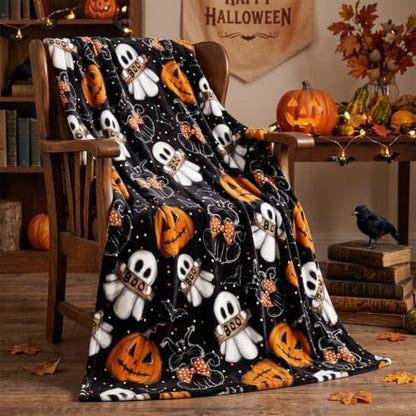 Horaldaily Halloween Black Pumpkin Ghost Cat Flannel Throw Blanket