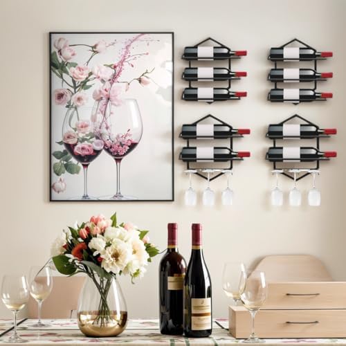 Wall Mounted Wine Rack, 2-Pack Black Metal, 4-Bottle Holder with
