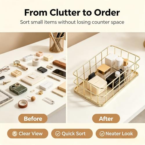 2-Size Gold Metal Wire Basket Tray, Countertop & Desk Organizer for