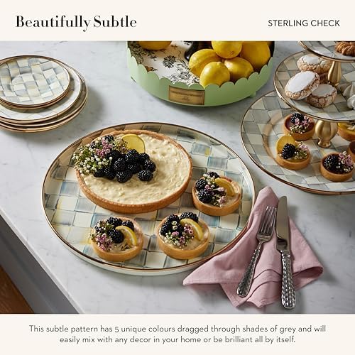 MACKENZIE-CHILDS Enamel Round Tray, Gray-and-White Sterling Check