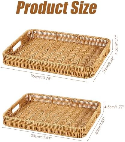 2 Pack Rectangle Rattan Serving Trays with Handles, Decorative Woven