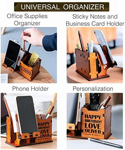 Personalized Wooden Pen Holder for Desk with Cell Phone Holder Wood