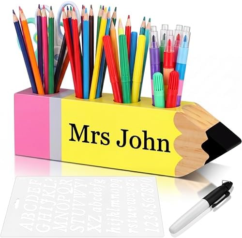 Sinmoe Pencil Wooden Desk Holder Teacher Name DIY Pen Organizer