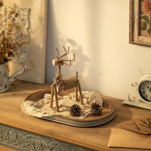 Hanobe 15" Vintage Wood Decorative Tray for Coffee Table Decor, Beaded