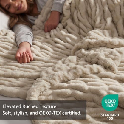 palassio Double-Sided Ruched Faux Fur Throw Blanket, Oatmeal, 50" x