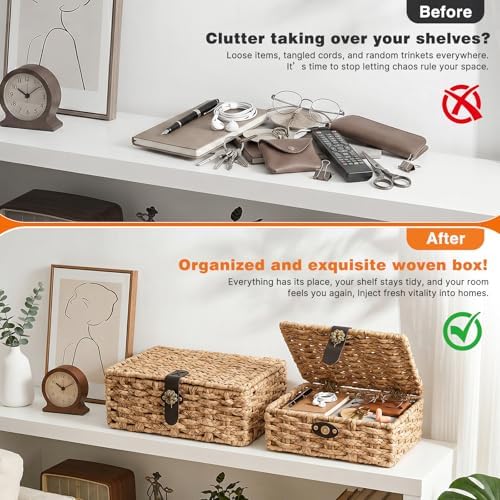 Storage Boxes with Lids, Set of 2 Water Hyacinth Wicker Baskets