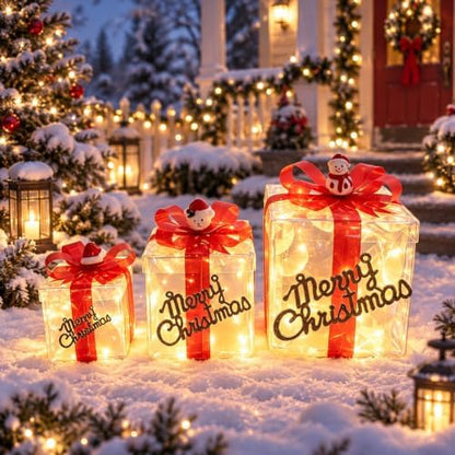Set of 3 Christmas Lighted Gift Boxes, Pre-lit 60 LED Light Up Present