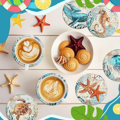 UPINS 8 Pieces Wooden Coasters for Drinks,Coastal Decor Ocean Beach