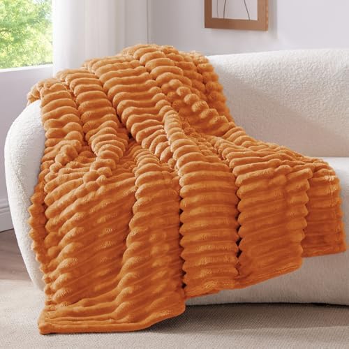 BEDELITE Ribbed Fleece Fall Throw Blanket, Burnt Orange, 50"x60"