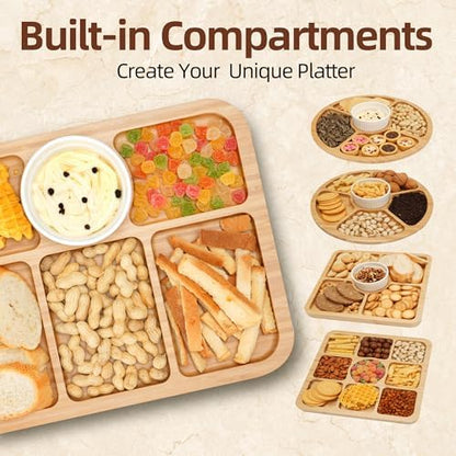 Charcuterie Board with Lid-Divided 6 Section Round Serving Tray with