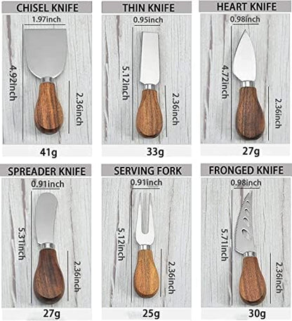 6-Piece Cheese Knife Set - Acacia Wood Handle Stainless Steel Cheese