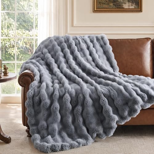 IKALIFE Cozy Bubble Faux Fur Twin Blanket for Couch, 60x80 Light Grey