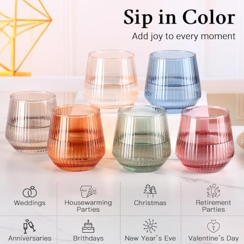 Colored Stemless Wine Glasses Set of 6, 12.5 Oz Ribbed Wine