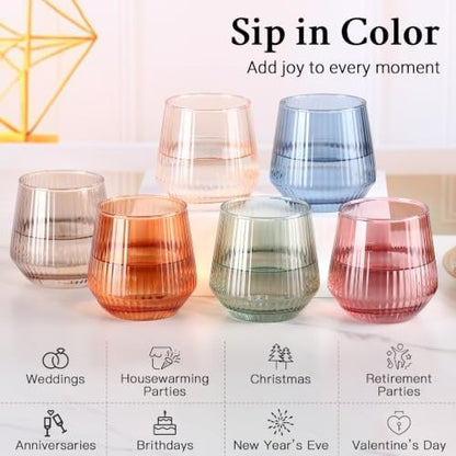 Colored Stemless Wine Glasses Set of 6, 12.5 Oz Ribbed Wine