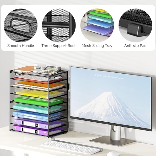 Cawukege 9 Tier Paper Organizer with Handle, Black Large Capacity Desk
