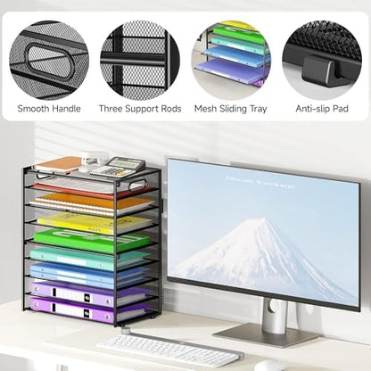 Cawukege 9 Tier Paper Organizer with Handle, Black Large Capacity Desk