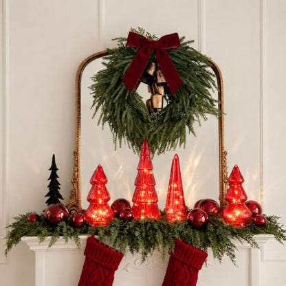 Leitee 3 Pcs Glass Christmas Tree Set with Lights, Burgundy
