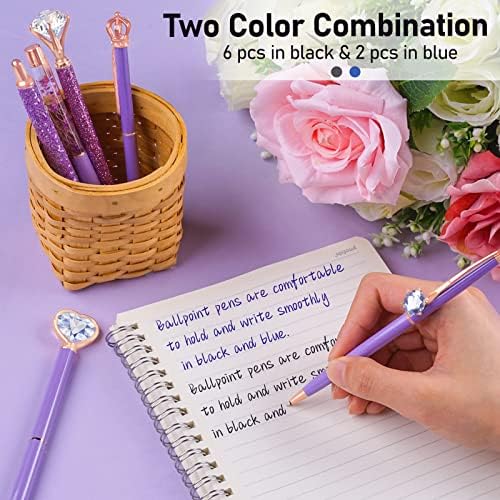 WEMATE 8Pcs Purple Pens, Metal Crystal Diamond Pens with Black & Blue