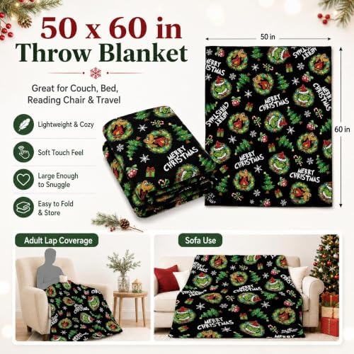 Holiday Character Christmas Throw Blanket, 50x60in Soft Flannel Green