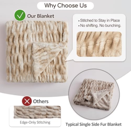 palassio Double-Sided Ruched Faux Fur Throw Blanket, Oatmeal, 50" x