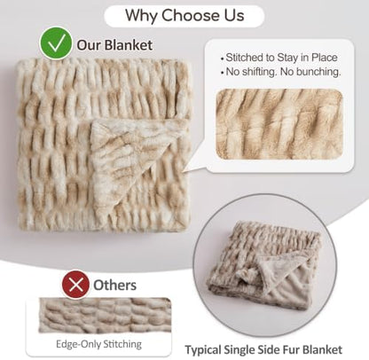 palassio Double-Sided Ruched Faux Fur Throw Blanket, Oatmeal, 50" x