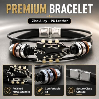 Retro Guitar Leather Bracelet for Man Women Unique Bead Braided