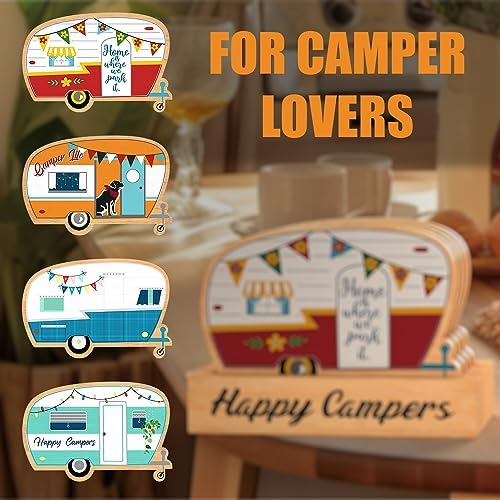 Wood Drink Coasters Set of 4, Happy Camper Cute Coasters with Holder