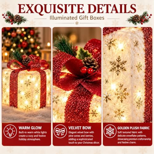 Set of 3 Lighted Boxes, Gold Snowflake