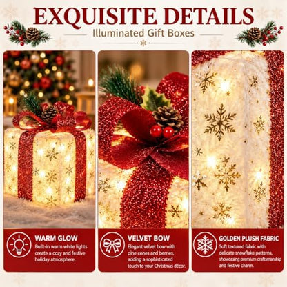 Set of 3 Lighted Boxes, Gold Snowflake