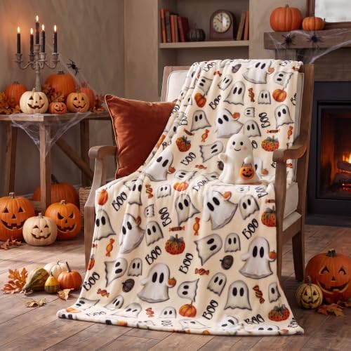 Horaldaily Halloween Beige Pumpkins Candy Ghost Flannel Throw Blanket