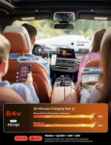 LISEN Retractable Car Charger, 84W Car Charger USB C Fast Charge, 4 in