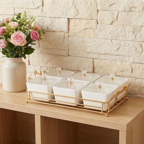 YA JU Ceramic Bowls and with Lid Gold Basket Trays, 6 Removable Small