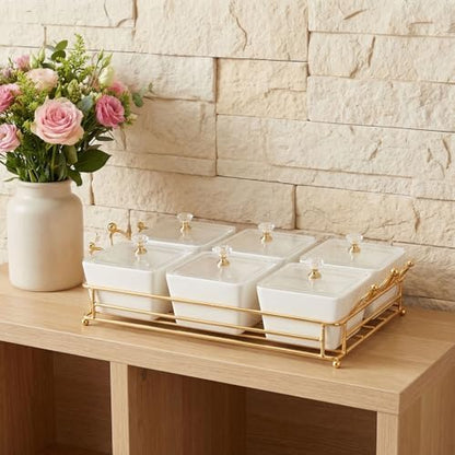 YA JU Ceramic Bowls and with Lid Gold Basket Trays, 6 Removable Small