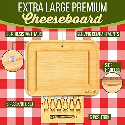 NutriChef Organic Bamboo Cheese & Charcuterie Board Set, Extra Large