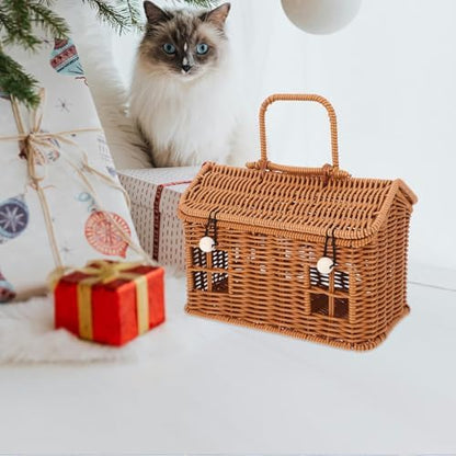 House Shaped Decorative Gift Basket with Lid and Handle Brown Plastic