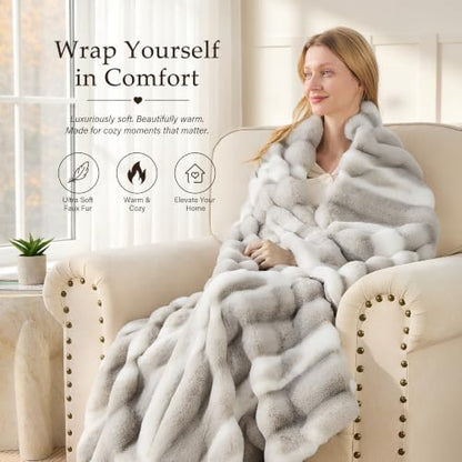VFROO Faux Rabbit Fur Throw Blanket, Plush Fuzzy Blanket, 50" × 60"