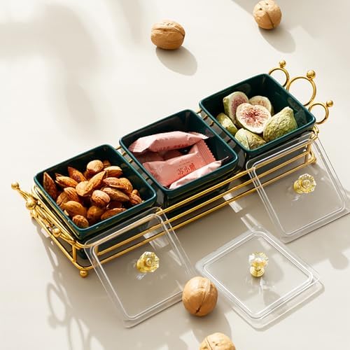 YA JU Ceramic Bowls and with Lid Gold Basket Trays, 3 Removable Small