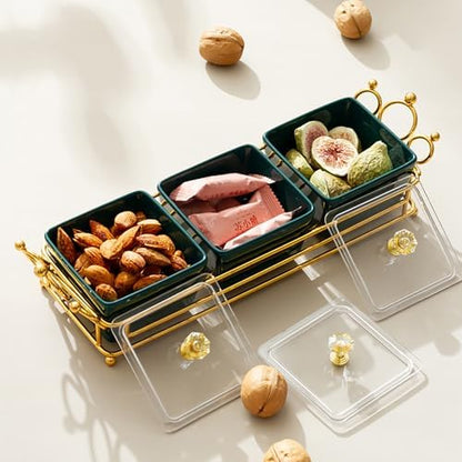 YA JU Ceramic Bowls and with Lid Gold Basket Trays, 3 Removable Small