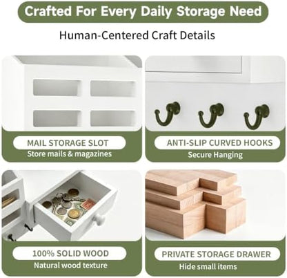 White Key and Mail Holder for Wall with 6 Hooks and Storage Drawer
