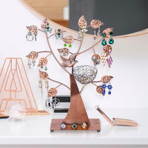 MyGift Bronze Jewelry Tree Stand with Bird Nest, Holds 48 Pairs of