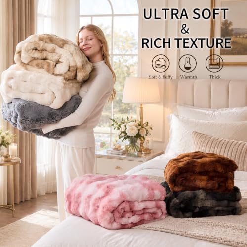 IKALIFE Cozy Bubble Faux Fur Twin Blanket for Couch, 60x80 Light Grey