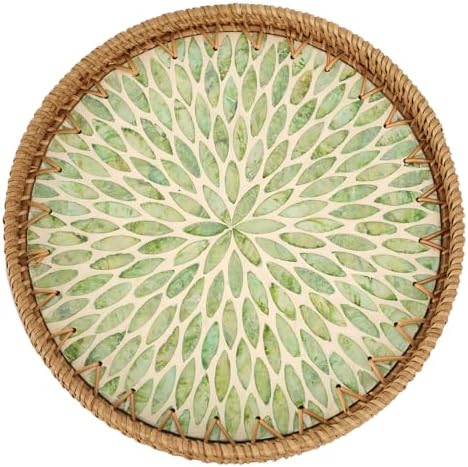 Round Rattan Tray with Mother of Pearl Inlay, Rattan Serving Tray for