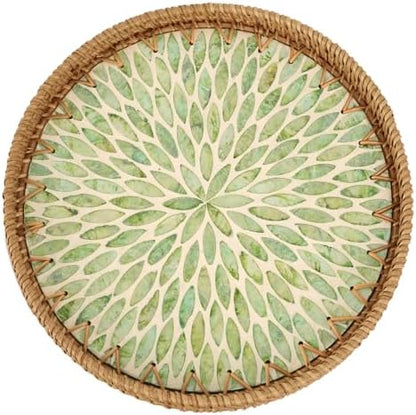 Round Rattan Tray with Mother of Pearl Inlay, Rattan Serving Tray for