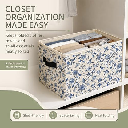 Chinoiserie Floral Bird Storage Bins with Handles, Blue and White
